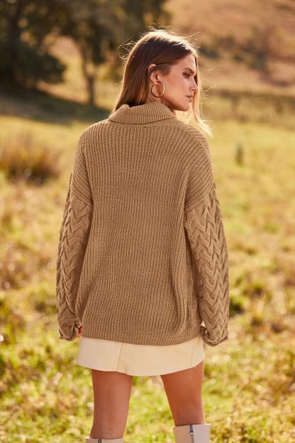 Camel Turtleneck Cable Sleeve Knit Sweater - Image 8