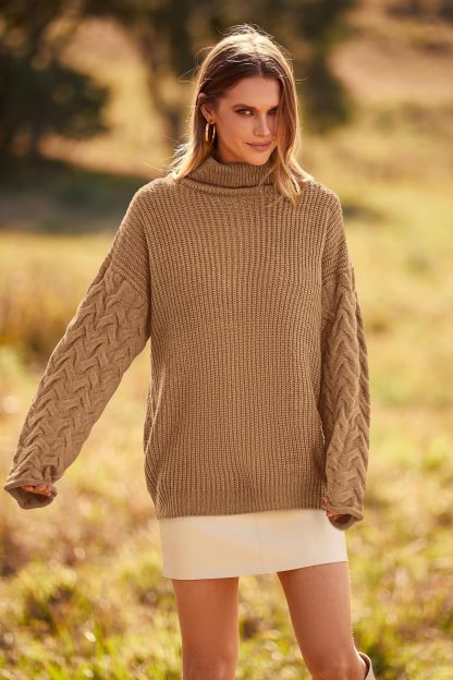Camel Turtleneck Cable Sleeve Knit Sweater - Image 6