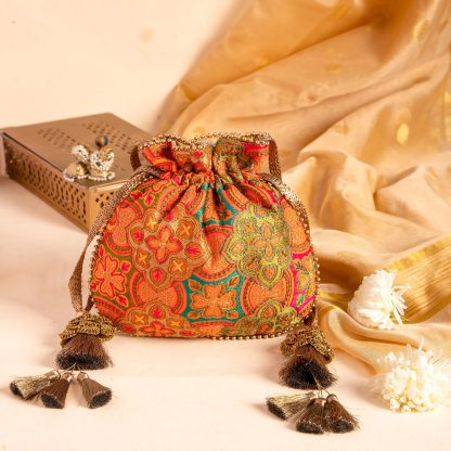 Exotic flower embroidered drawstring bag