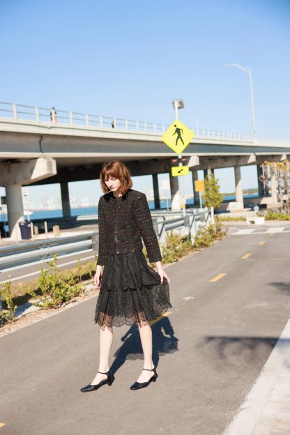 Black Layered Lace High-Waisted A-Line Midi Skirt - Image 11