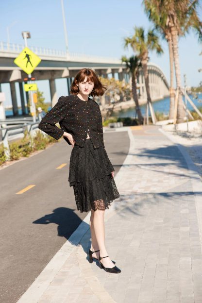 Black Layered Lace High-Waisted A-Line Midi Skirt - Image 8