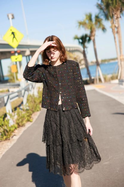 Black Layered Lace High-Waisted A-Line Midi Skirt