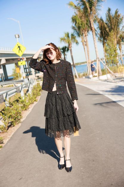 Black Layered Lace High-Waisted A-Line Midi Skirt - Image 3