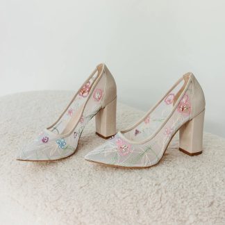 Spring flower embroidered block-heeled high heels