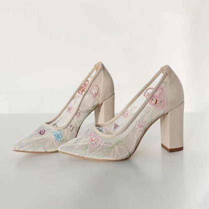 Spring flower embroidered block-heeled high heels - Image 5