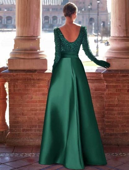 Retro dark green sequined satin long dress - Image 4