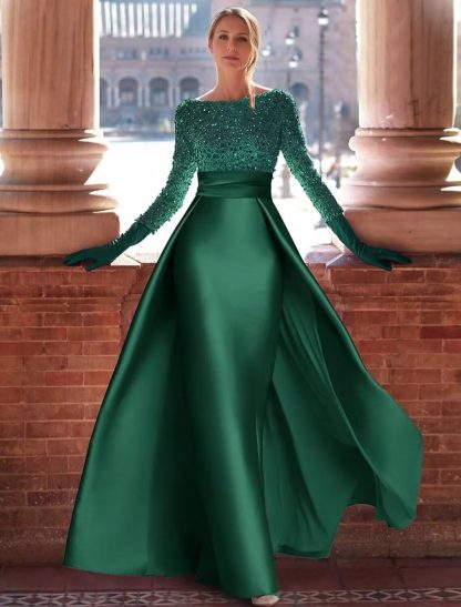 Retro dark green sequined satin long dress - Image 2
