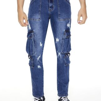 Blue slim-fit denim trousers with multiple pockets