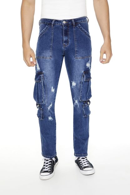 Blue slim-fit denim trousers with multiple pockets