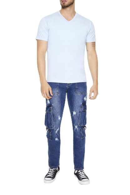 Blue slim-fit denim trousers with multiple pockets - Image 4