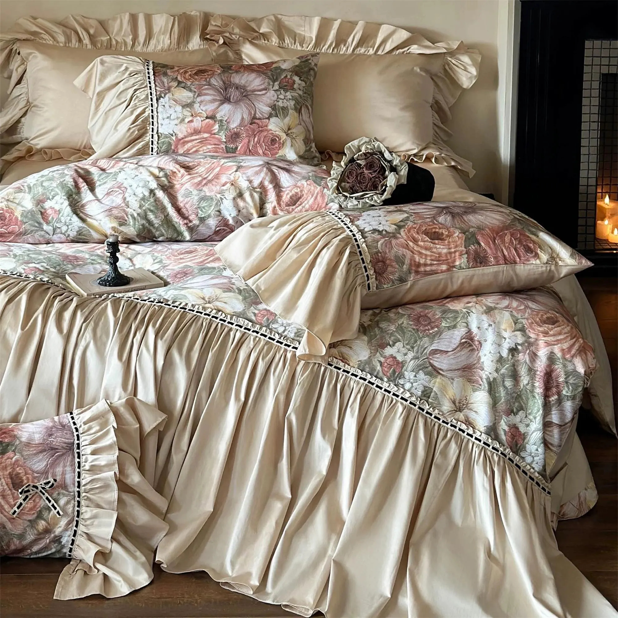 French retro floral satin four-piece bedding set