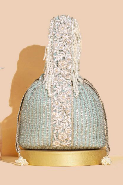 Glacier Blue Pearl Flower Waterfall Drawstring Bag - Image 5