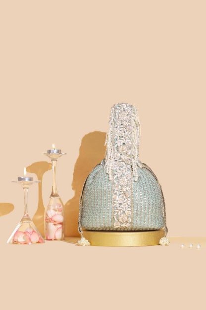Glacier Blue Pearl Flower Waterfall Drawstring Bag