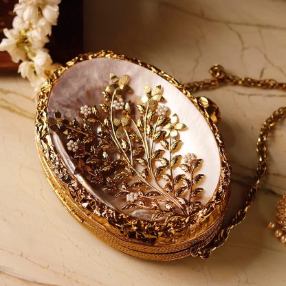 Vintage Gold Leaf Mother-of-Pearl Oval Evening Bag
