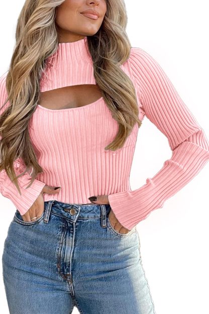 Pink Ribbed Hollow Turtleneck Sweater - Image 8