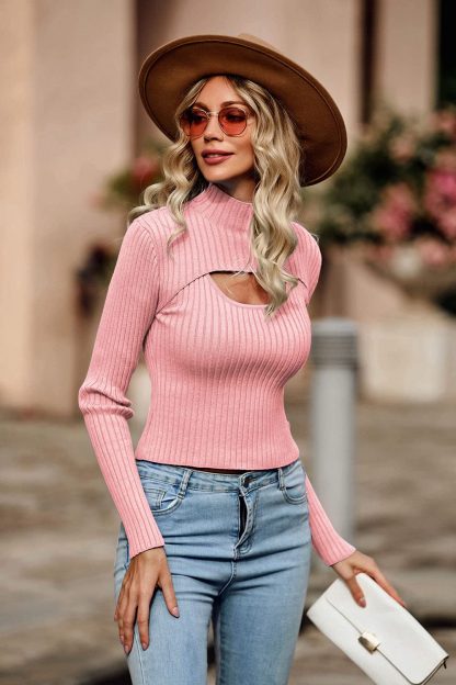 Pink Ribbed Hollow Turtleneck Sweater - Image 6