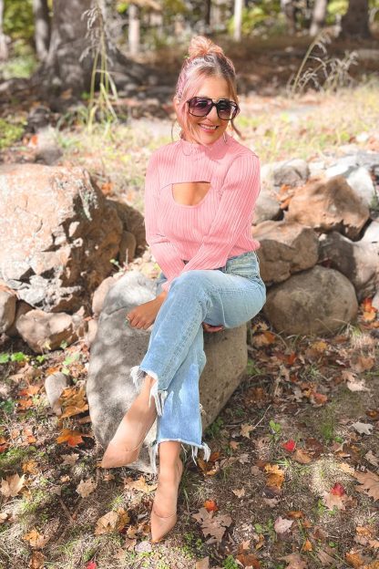 Pink Ribbed Hollow Turtleneck Sweater - Image 4