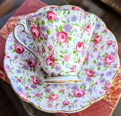English pastoral floral bone china cup and saucer set - Image 6