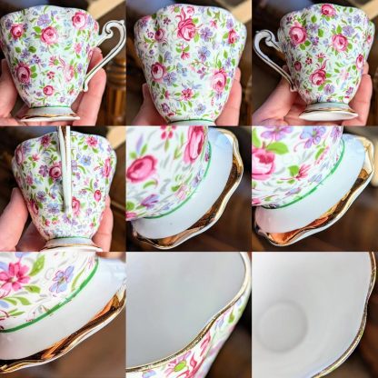English pastoral floral bone china cup and saucer set - Image 3
