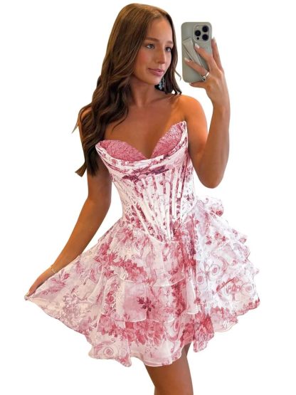 Pink Floral Tube Top Cake Dress