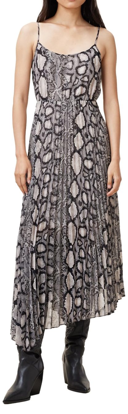 Snake print suspender pleated maxi skirt