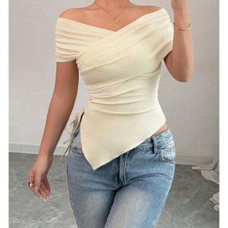 French elegant off-the-shoulder short-sleeved top