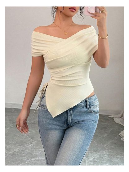 French elegant off-the-shoulder short-sleeved top