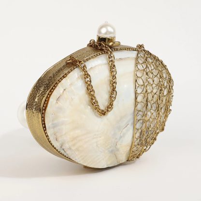 Vintage Gold Mesh Mother-of-Pearl Oval Evening Bag - Image 2