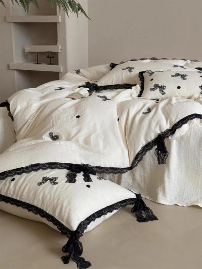 Retro bow contrast lace four-piece bedding set - Image 5