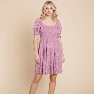 Gentle lavender floral square neck puff sleeve dress