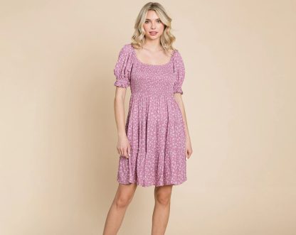 Gentle lavender floral square neck puff sleeve dress