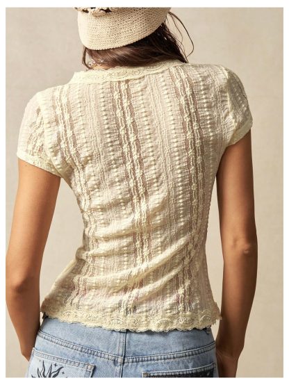 Lace Crochet V-Neck Cropped Cardigan Top - Image 4