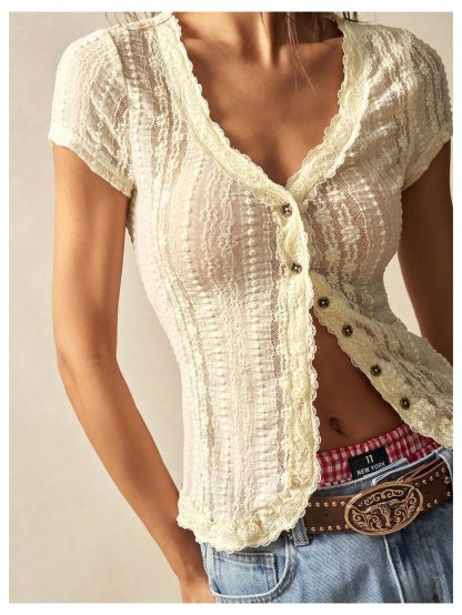 Lace Crochet V-Neck Cropped Cardigan Top - Image 3