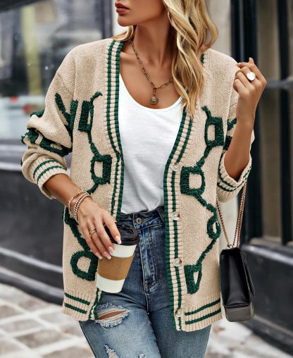 Beige Contrast Geometric V-Neck Knit Cardigan - Image 6