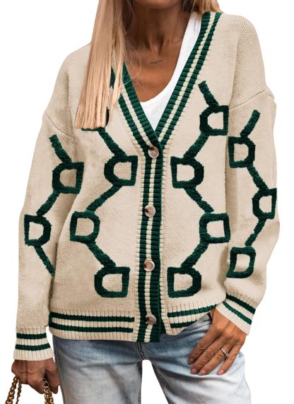 Beige Contrast Geometric V-Neck Knit Cardigan - Image 5