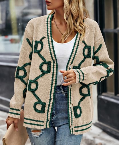 Beige Contrast Geometric V-Neck Knit Cardigan - Image 4