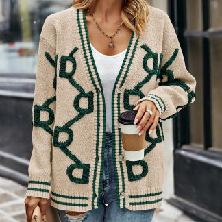 Beige Contrast Geometric V-Neck Knit Cardigan