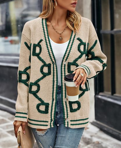 Beige Contrast Geometric V-Neck Knit Cardigan