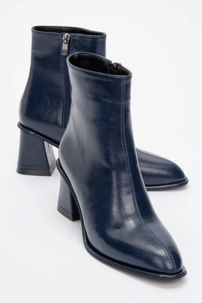 High-end dark blue square toe thick heel ankle boots - Image 3