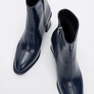 High-end dark blue square toe thick heel ankle boots
