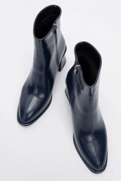 High-end dark blue square toe thick heel ankle boots