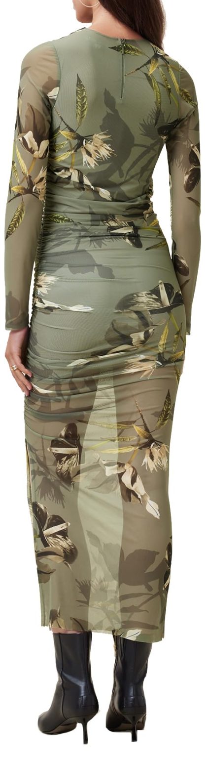 Olive Green Floral Print Mesh Pleated Slit Dress - Image 8