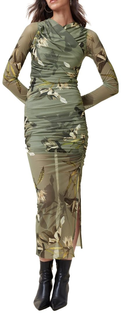 Olive Green Floral Print Mesh Pleated Slit Dress - Image 7