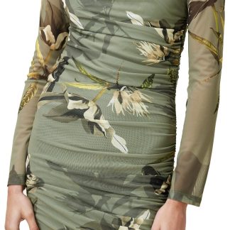 Olive Green Floral Print Mesh Pleated Slit Dress