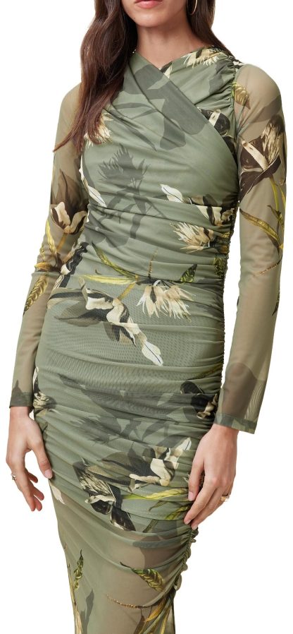 Olive Green Floral Print Mesh Pleated Slit Dress