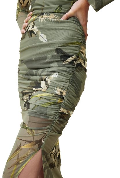 Olive Green Floral Print Mesh Pleated Slit Dress - Image 4