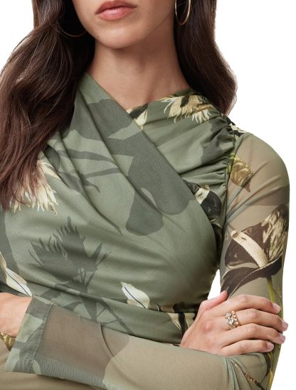 Olive Green Floral Print Mesh Pleated Slit Dress - Image 2