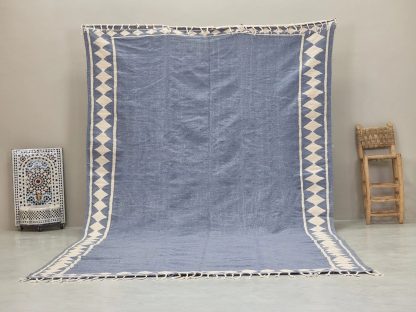 Handmade blue and white geometric tassel carpet - Image 10