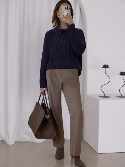 Navy blue ribbed crew neck knitted sweater