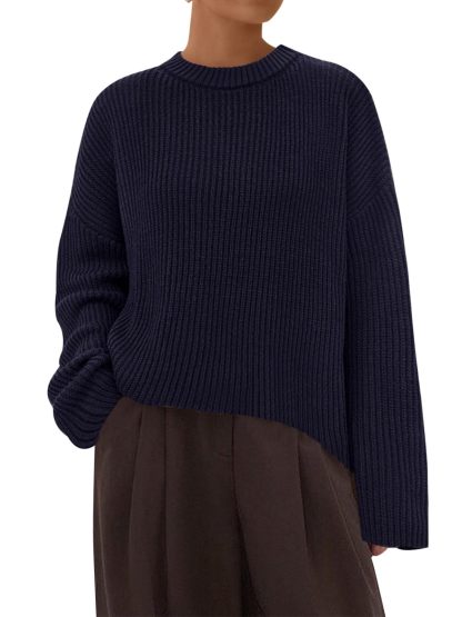 Navy blue ribbed crew neck knitted sweater - Image 5